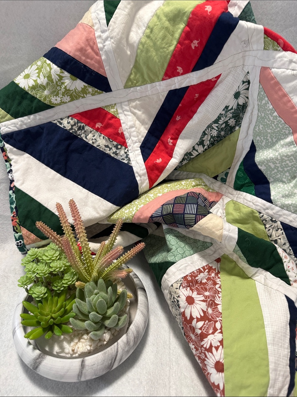 Handmade Multi-Color Patchwork Quilt - Green, Navy & Red